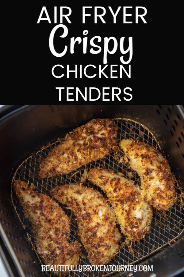 Air Fryer Crispy Chicken Tenders are so easy to make and seasoned with panko and parmesan.  They are so easy and delicious you may never buy frozen chicken tenders again! #airfryerrecipes #airfryerchickentenders