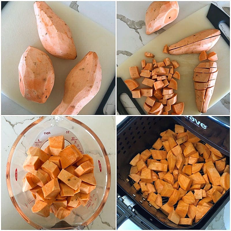 4 images showing the steps to make air fryer sweet potatoes.  Raw sweet potatoes, cutting them up, showing 4 cups of them and in the air fryer.
