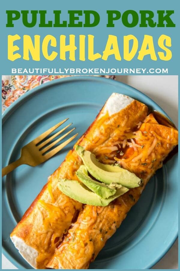 Need an idea for leftover pulled pork?  Pulled Pork Enchiladas are easy to assemble and perfect for a quick weeknight meal! #pulledpork #easypulledpork #slowcooker #leftoverpulledporkrecipes #leftover