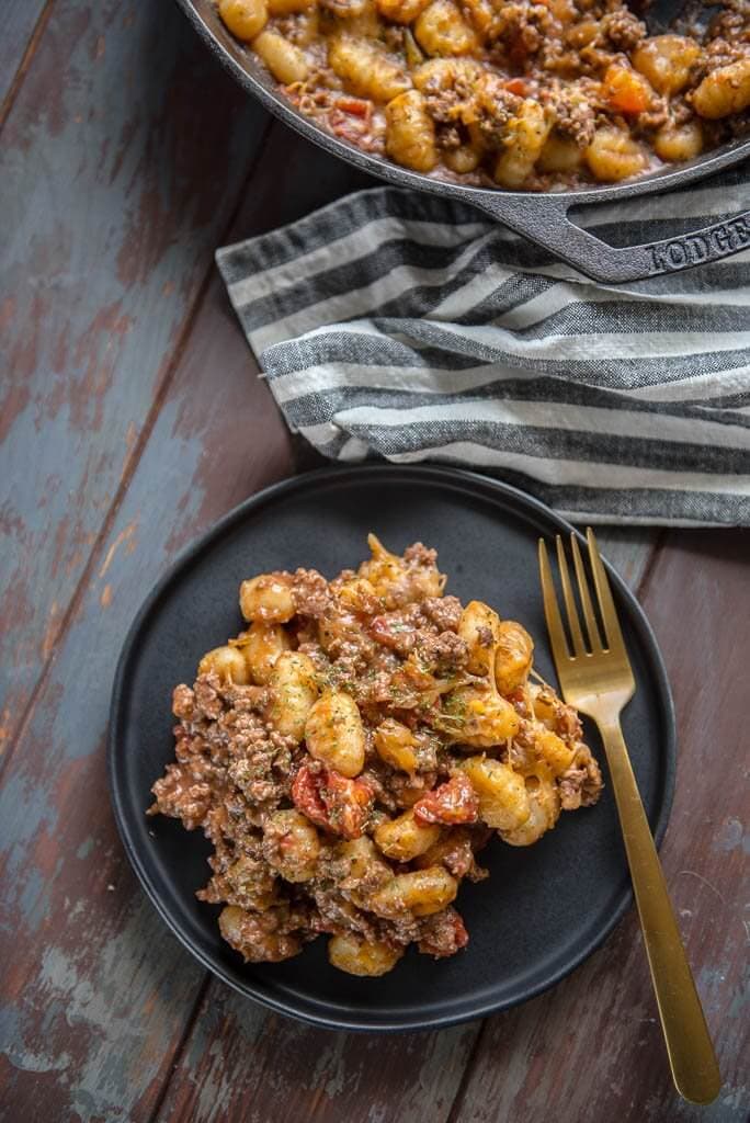 Delicious and easy Cheeseburger Gnocchi Skillet is bursting with flavor and is healthy, too! 