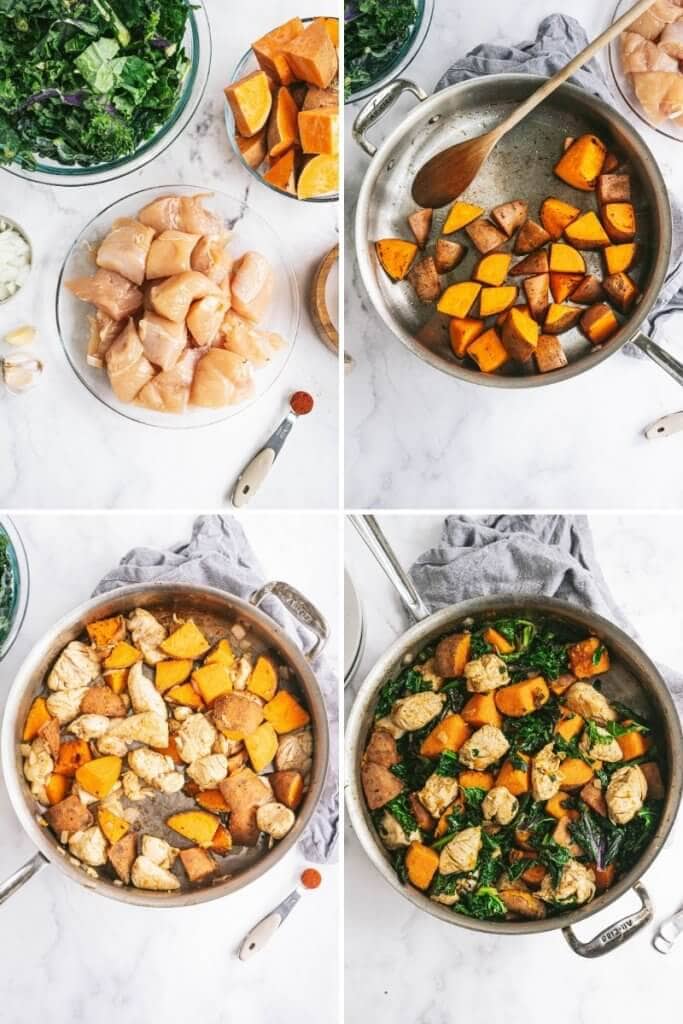 Collage of what it takes to make chipotle chicken and sweet potato skillet