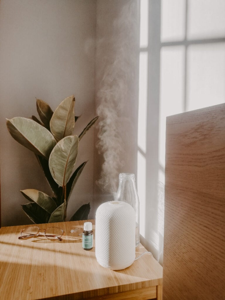 A diffuser, glasses, essential oils and a glass jar on a wooden desk with a fiddle leaf fig plant
