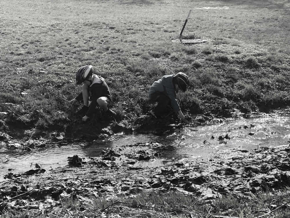 Boys playing by a stream