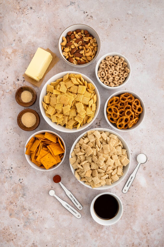 an overhead photo of all the ingredients needed for gluten-free chex mix