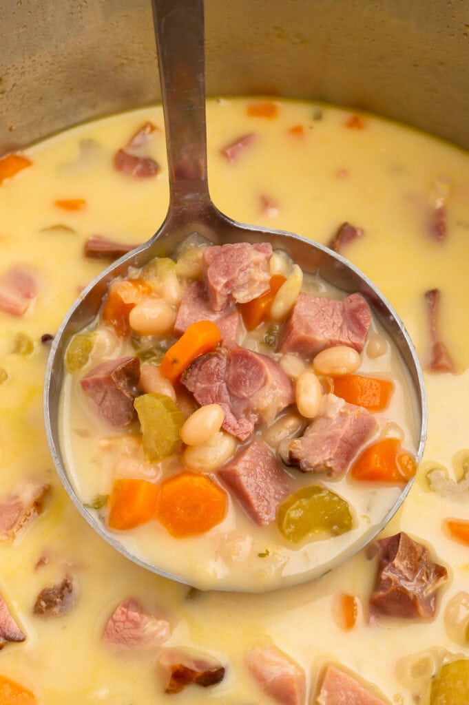 an up close picture of a spoon full of creamy ham and bean soup
