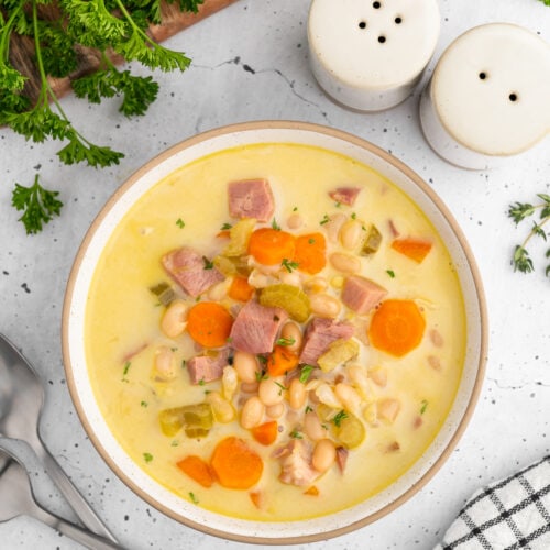 a bowl of creamy ham and bean soup