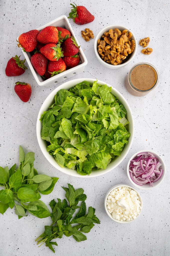 ingredients needed for the strawberry goat cheese salad.  Romaine lettuce, strawberries, red onion, goat cheese, fresh herbs, walnut, dressing