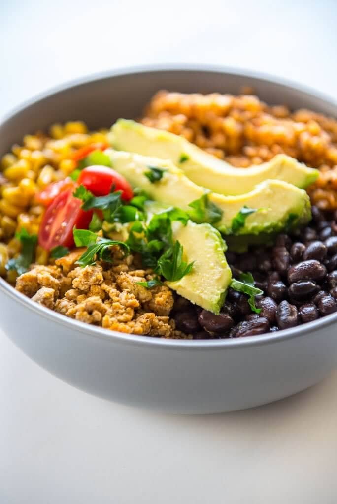 Bowl of Black beans, turkey taco bowl and cauliflower rice with avocado