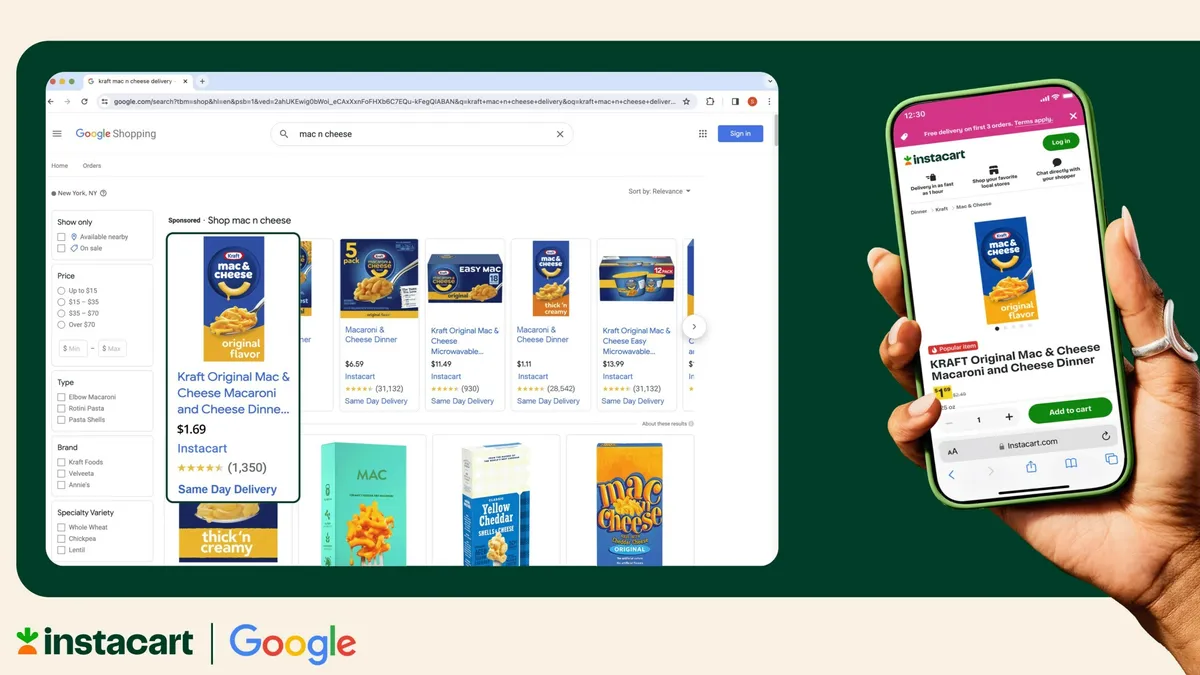 A hand holds a smartphone with a Google ad that is also on a computer screen