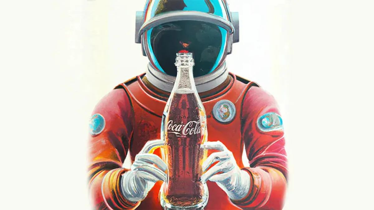 An AI-generated astronaut holds a bottle of Coca-Cola