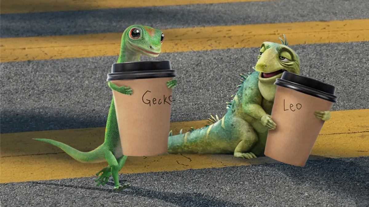 Animated characters the Geico Gecko and Netflix's Leo hold coffee cups