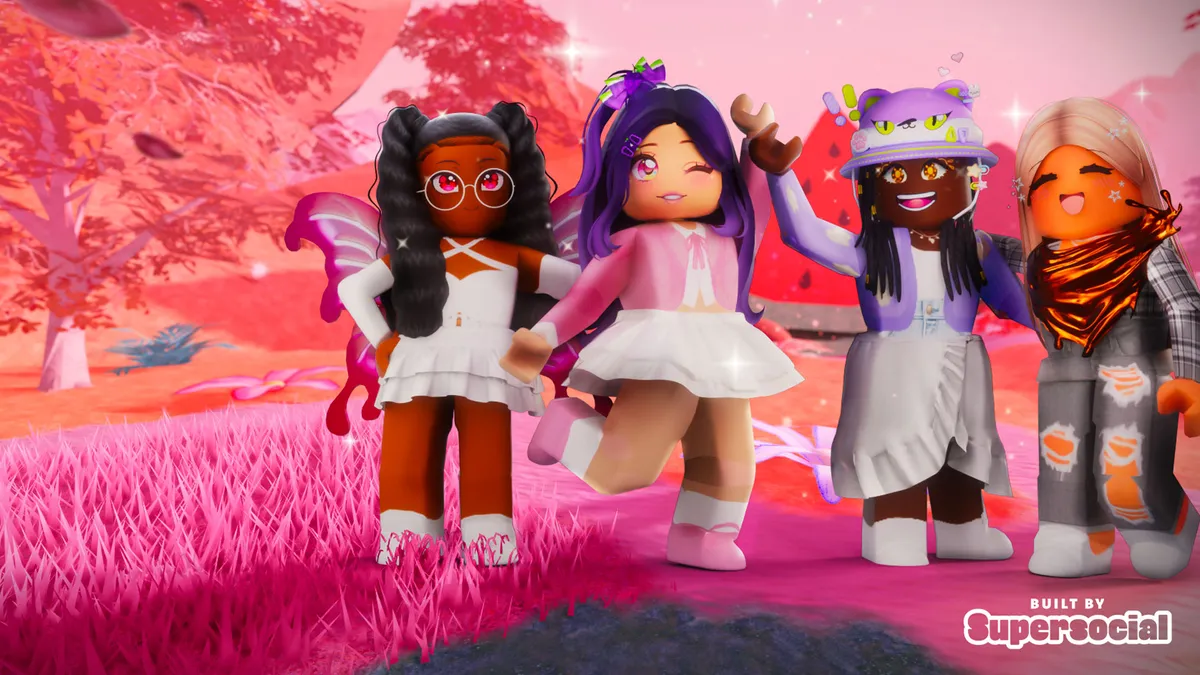 E.l.f. Beauty imagery for its E.l.f. Up! experience on Roblox. The image shows four virtual characters standing together in a colorful virtual world.