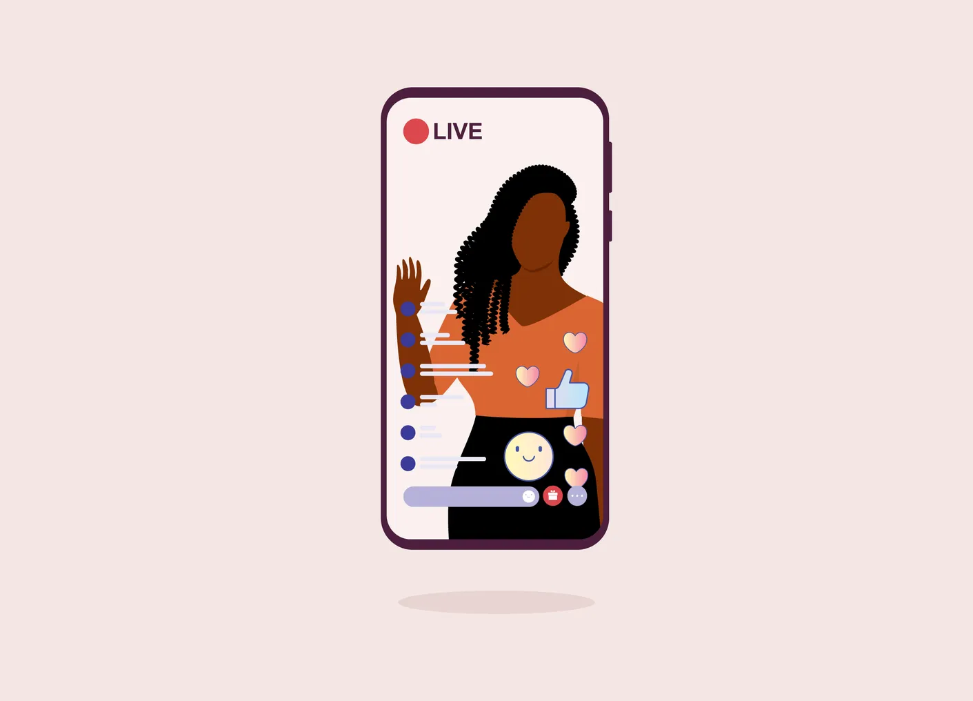 An influencer on a mobile phone having a live stream while receiving positive interactions from followers.