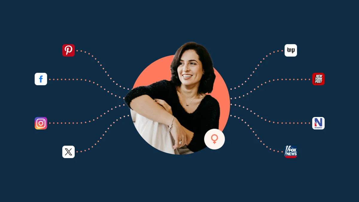 A smiling woman with shoulder-length dark hair sits against an orange circle background. Connected to her are dotted lines leading to various social media and news platform icons, including Pinterest, Facebook, Instagram, Twitter, Washington Post, New York Post, Newsmax, and Fox News, indicating a network of diverse media connections.