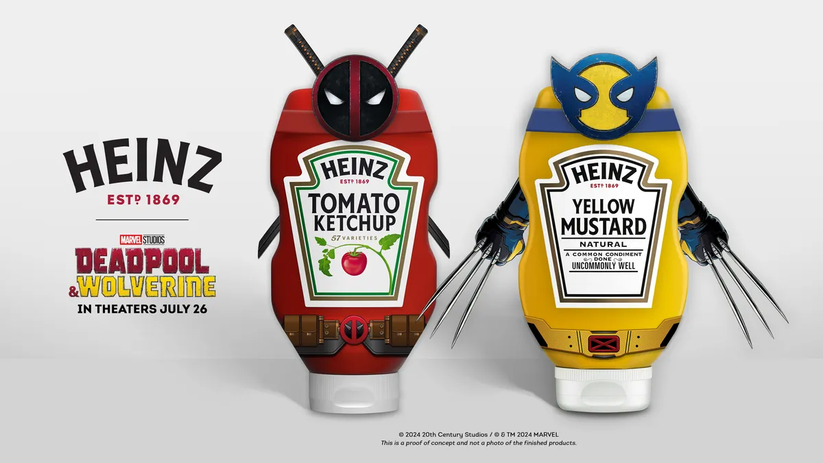 Bottles of ketchup and mustard dressed up like Wolverine and Deadpool.