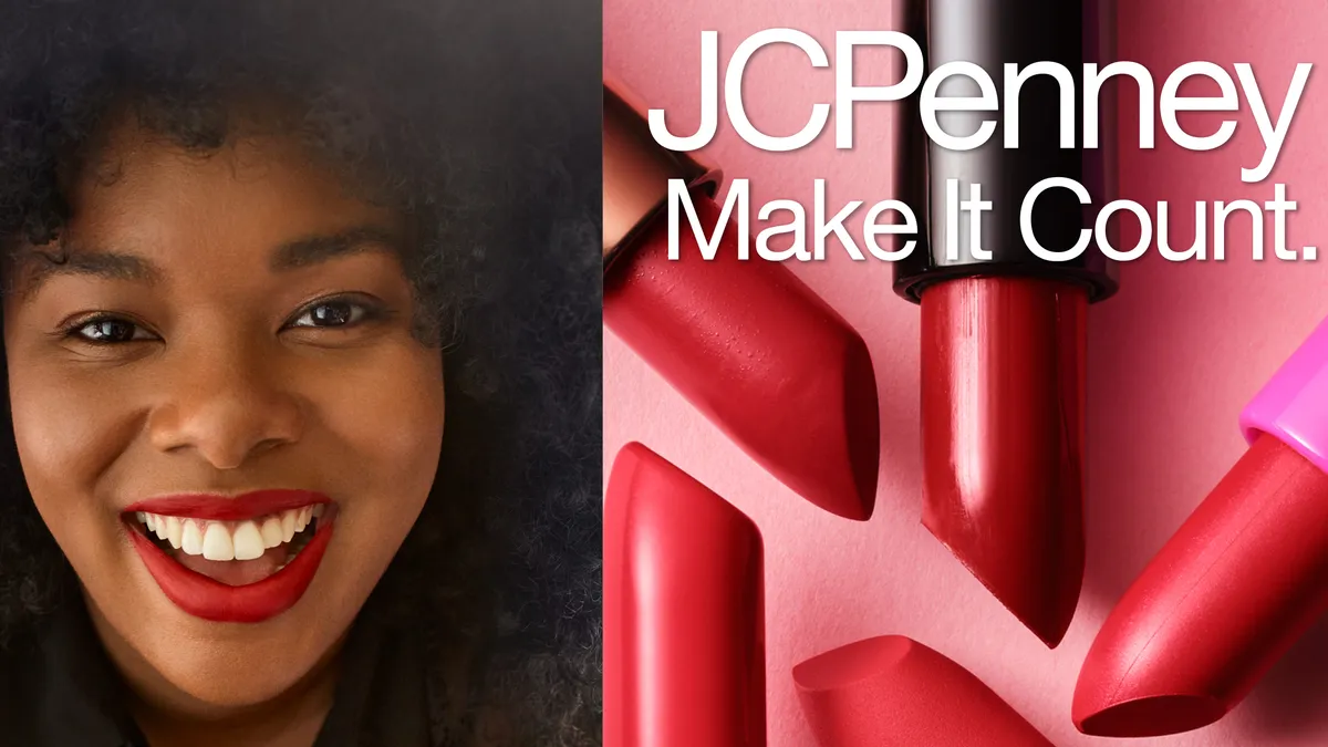 A person shares a wide smile next to lipstick in a J.C. Penney promotional image.