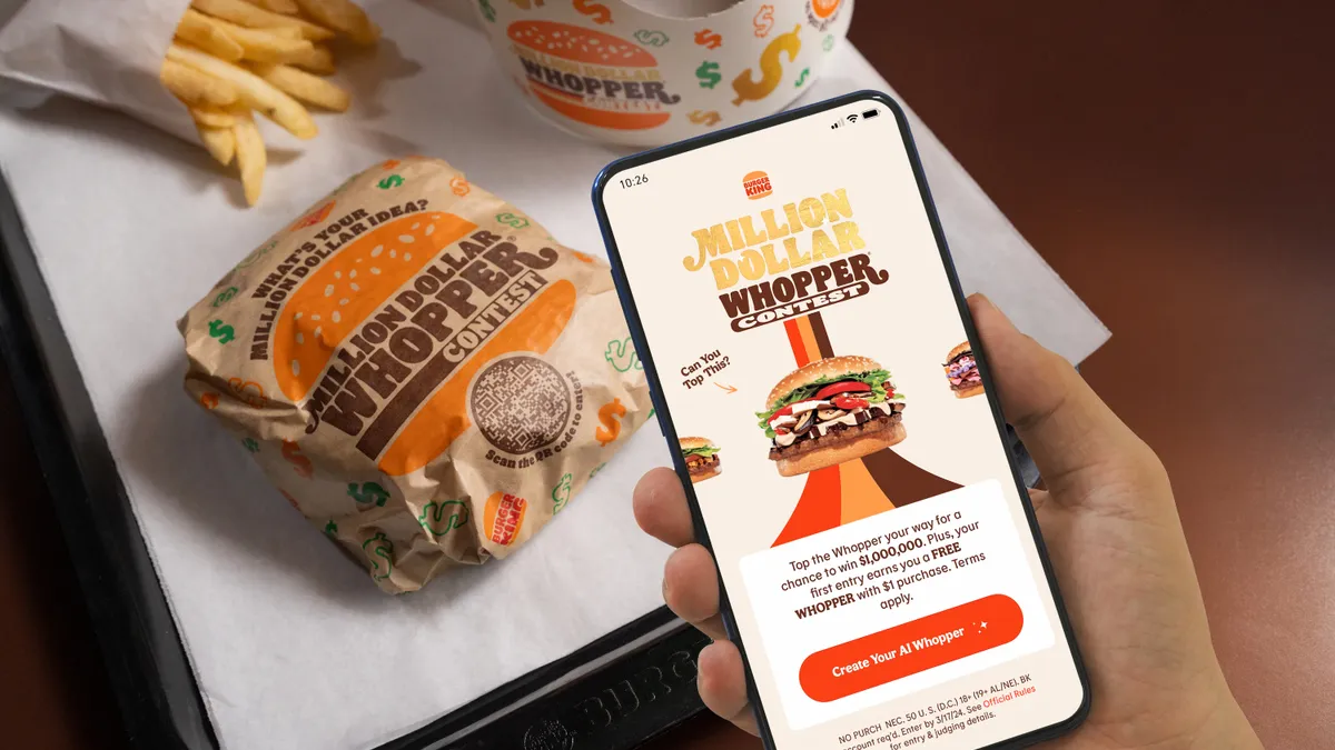 A person holds a smartphone that displays Burger King's AI Whopper experience.