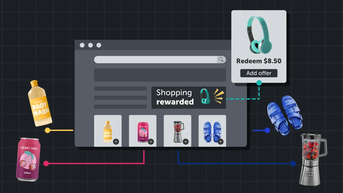 Illustration of an online shopping interface with various products linked to a reward system. Products displayed include body wash, cherry soda, a blender, and blue sandals. A pop-up in the interface shows an offer to redeem $8.50 for a pair of teal headphones. The central text reads 'Shopping rewarded' with an icon of headphones next to it.