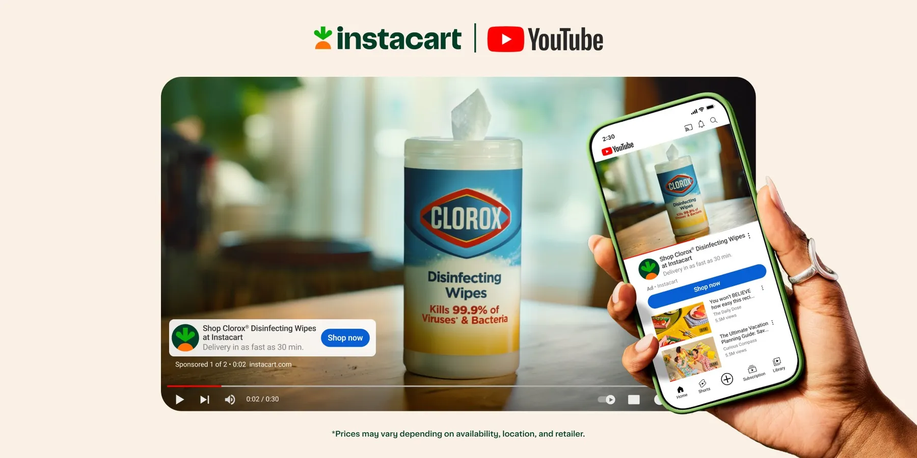 A YouTube Shopping advertisement shows Clorox wipes set out on a wood table.